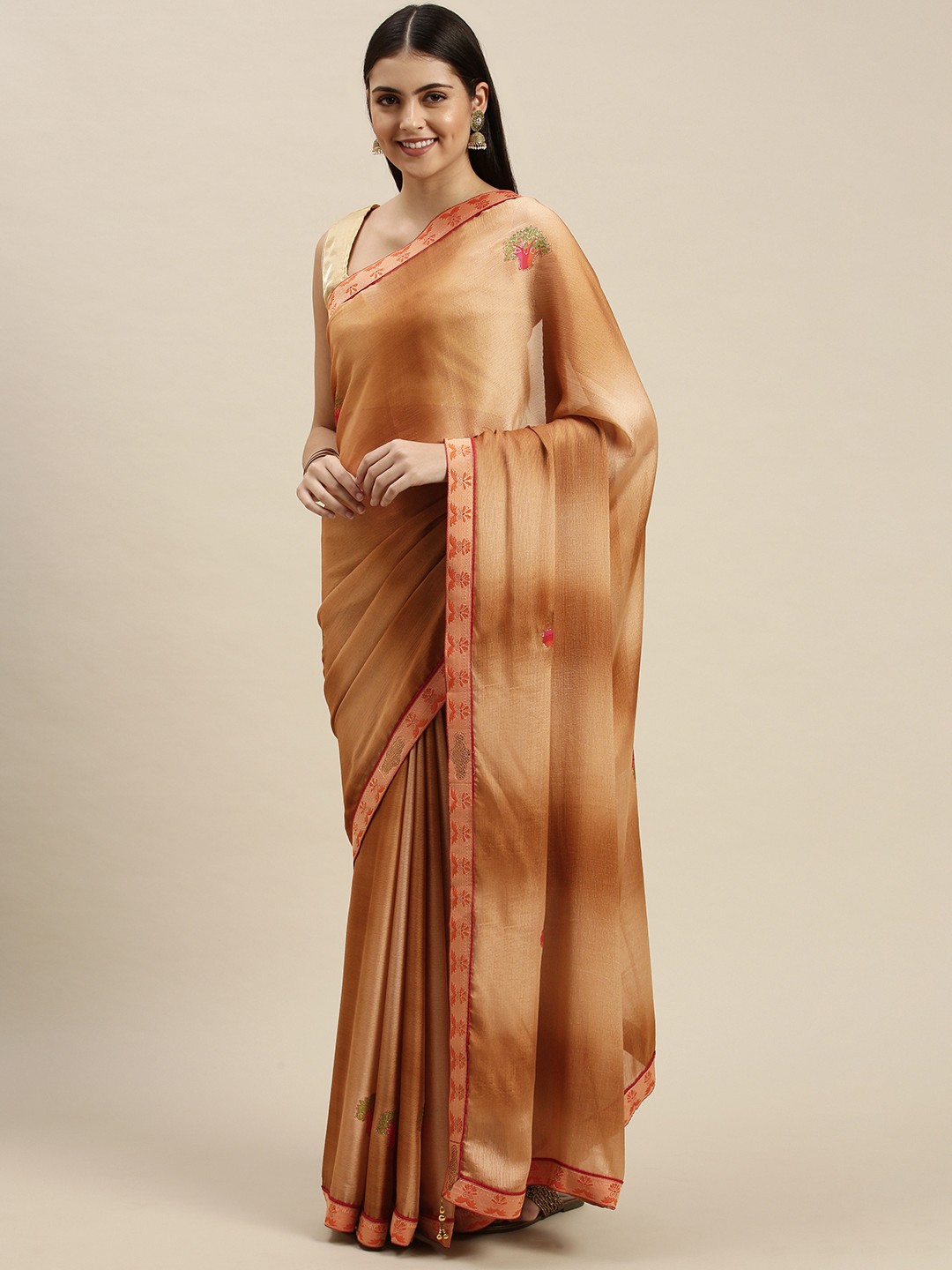 

Triveni Tan Brown Abstract Print Zari Saree