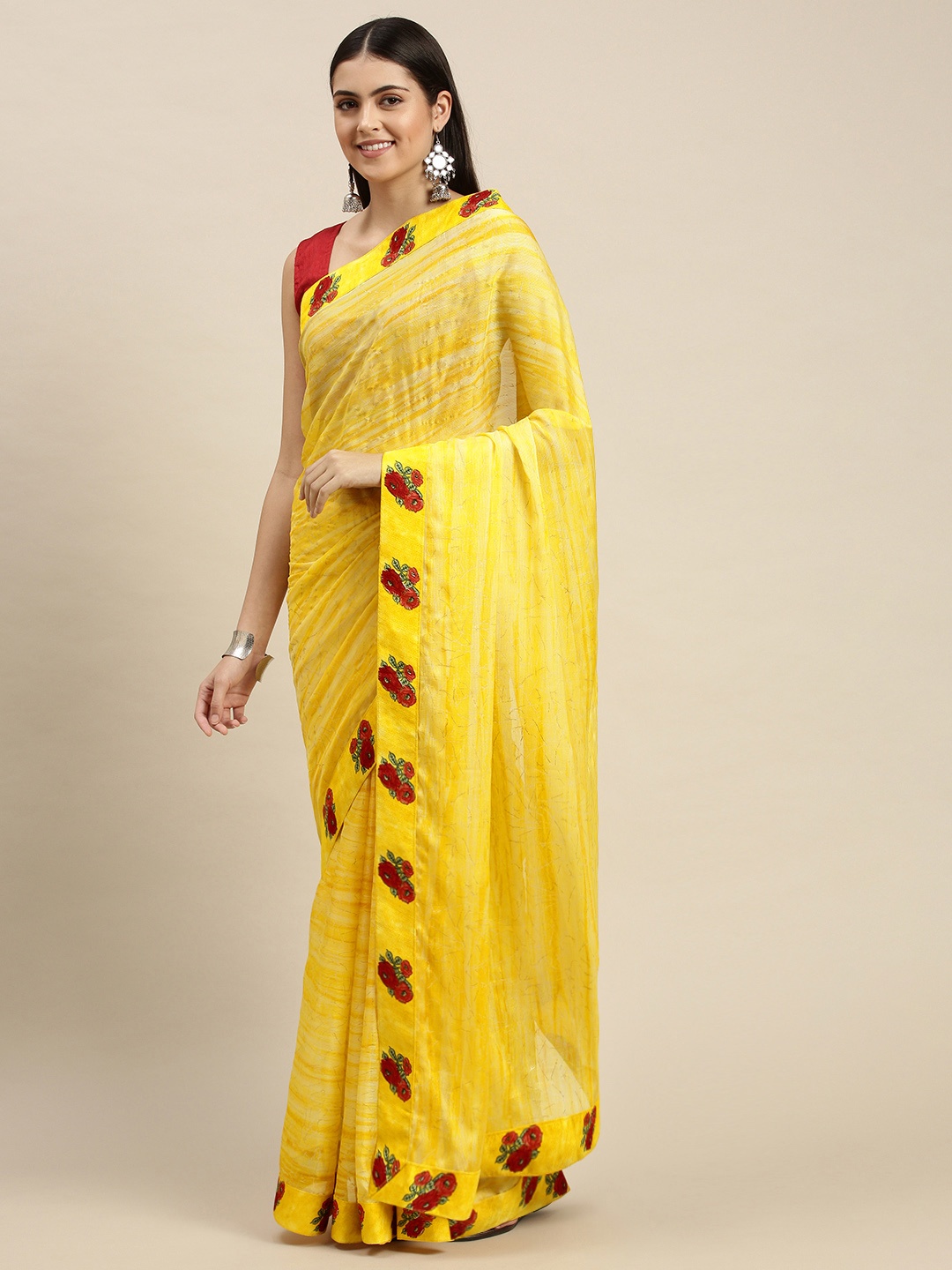 

Triveni Yellow & Maroon Abstract Print Zari Saree