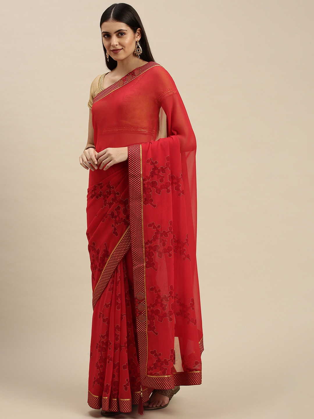 

Triveni Red Beads and Stones Embellished Pure Georgette Saree