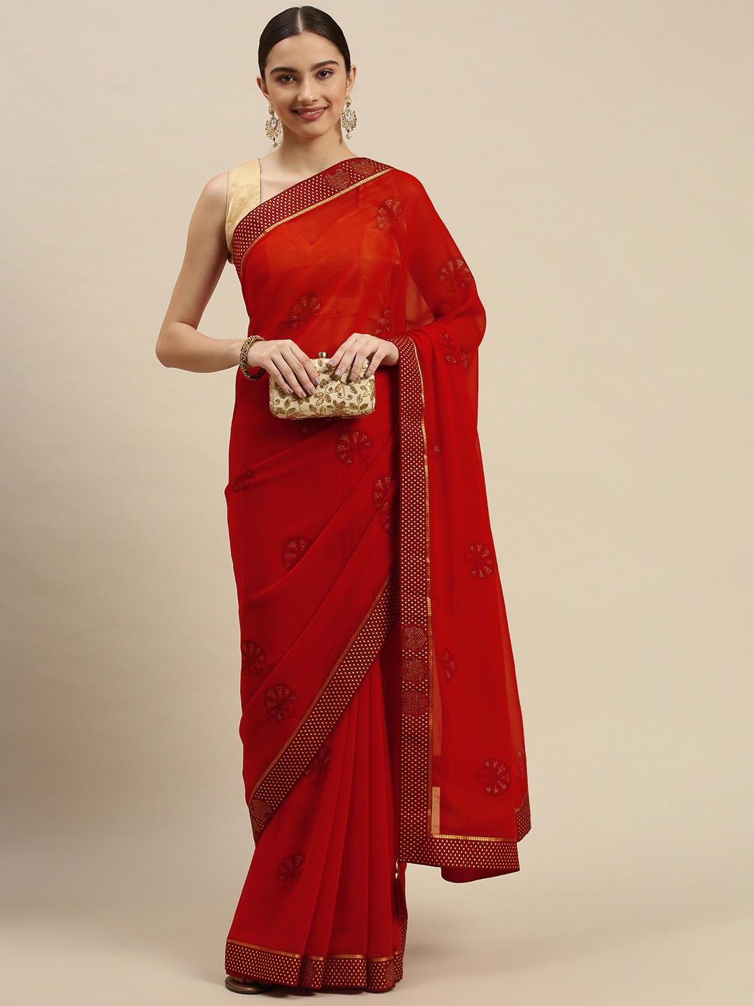 

Triveni Red Floral Print Beads and Stones Embellished Pure Georgette Saree