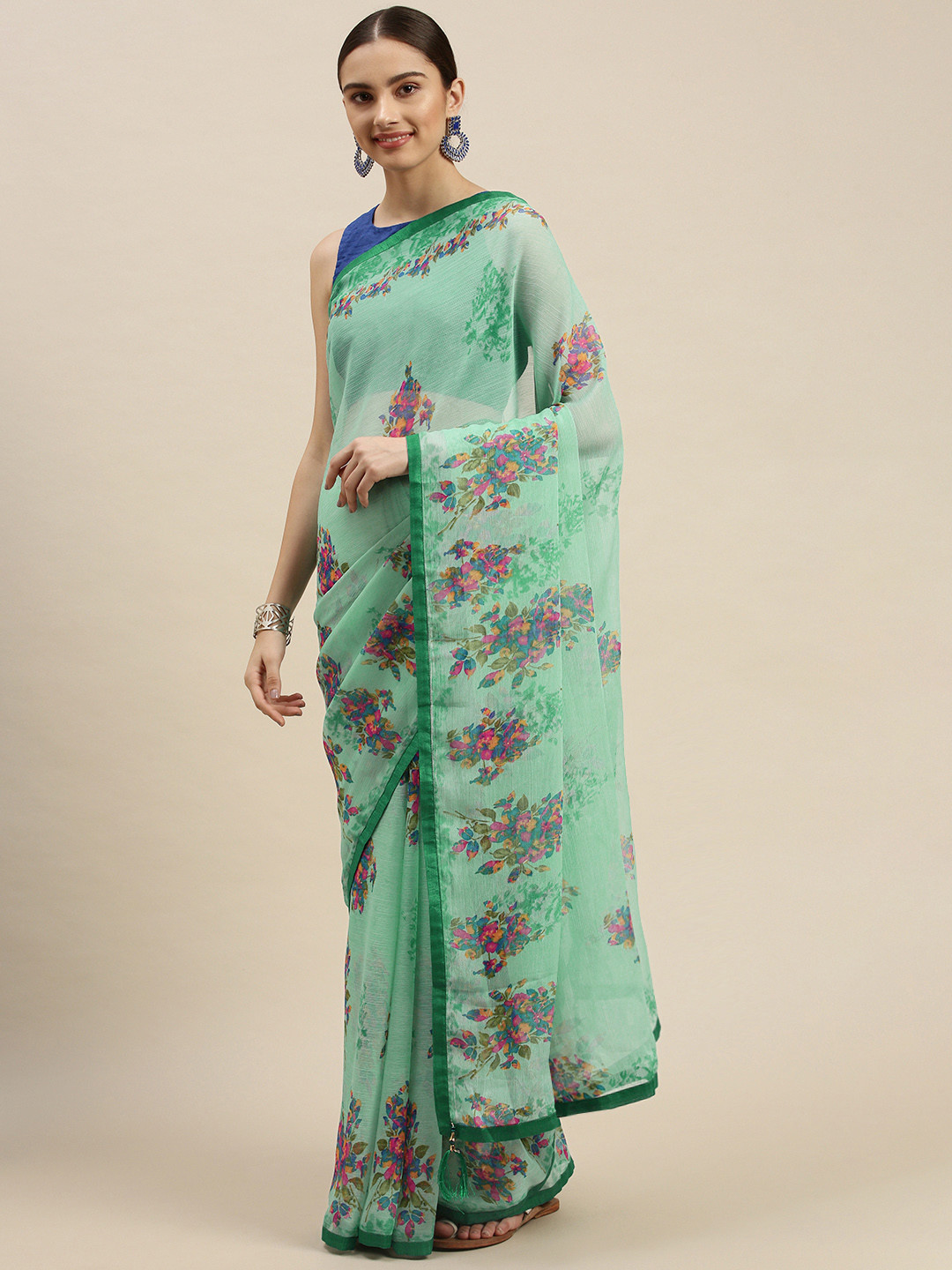 

Triveni Sea Green & Pink Floral Print Pure Chiffon Saree