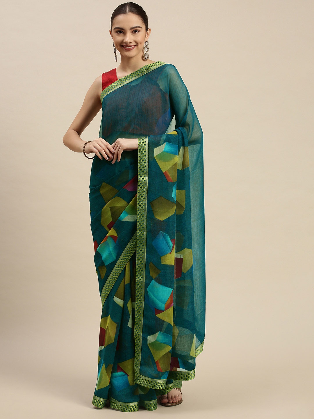 

Triveni Green & Blue Abstract Print Pure Chiffon Saree