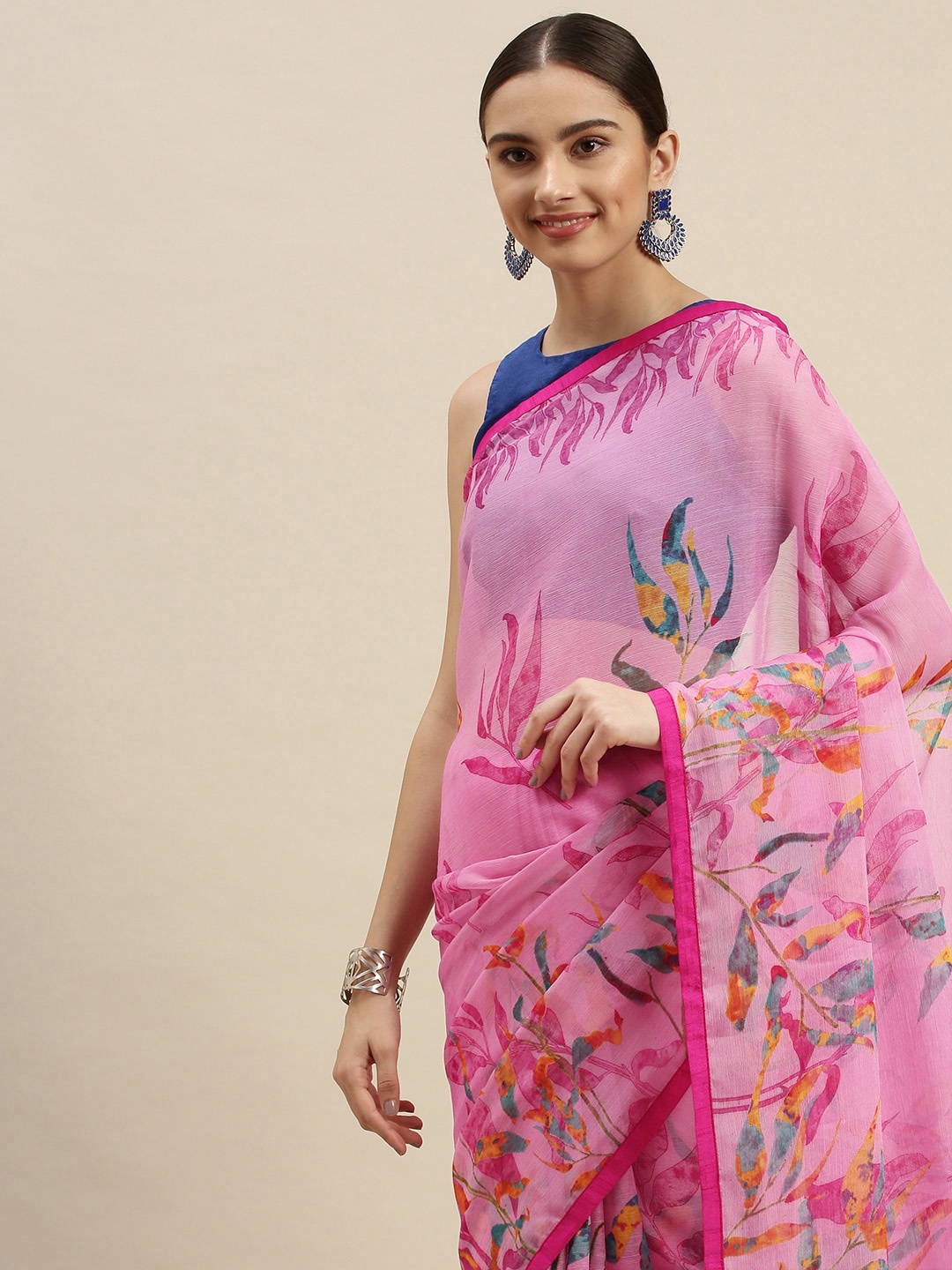 

Triveni Pink & Blue Floral Printed Pure Chiffon Saree