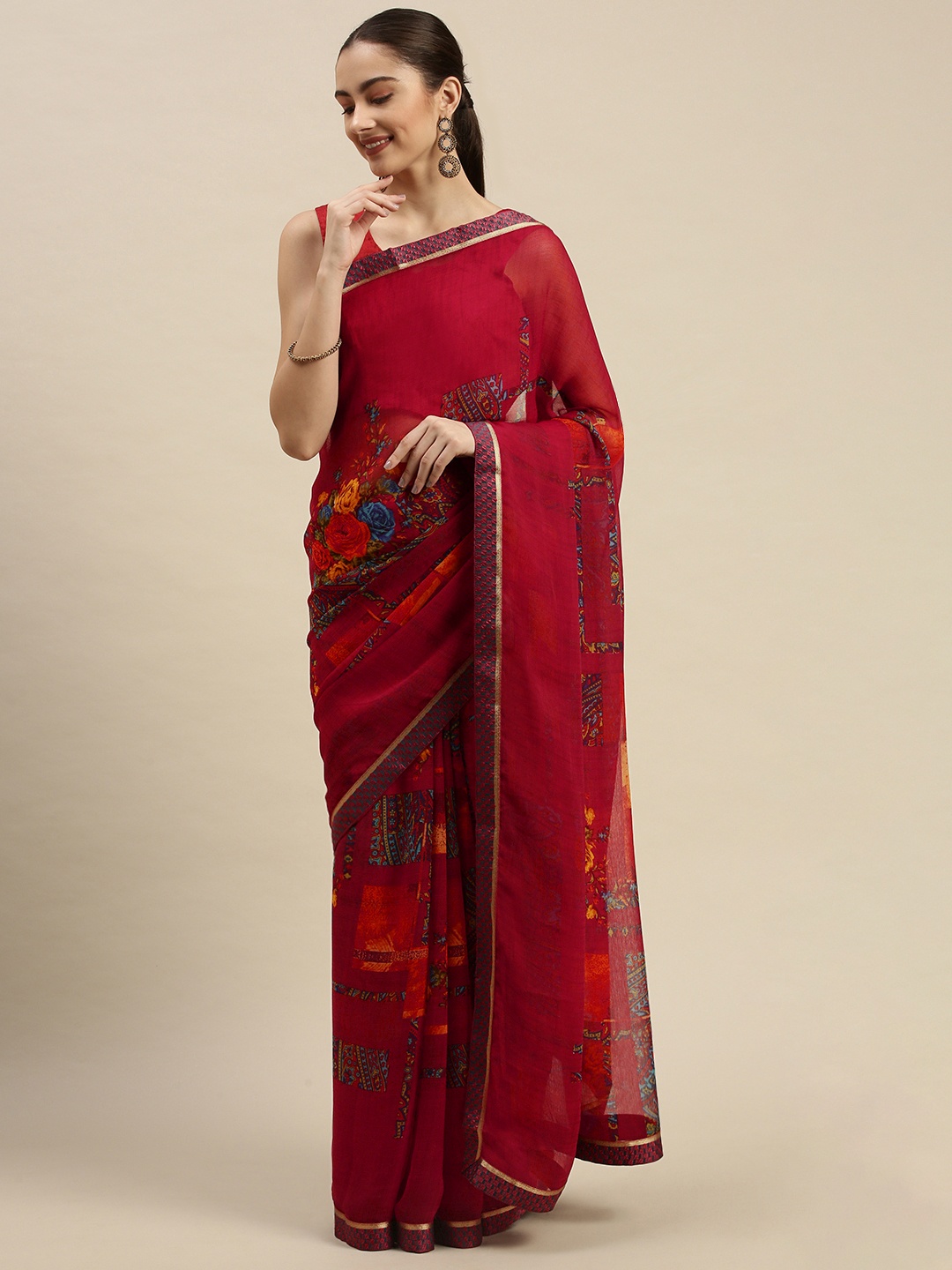 

Triveni Maroon & Yellow Floral Print Pure Chiffon Saree