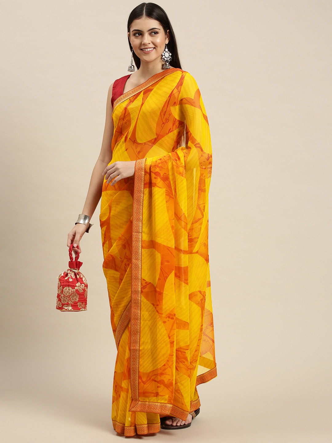 

Triveni Yellow & Orange Abstract Print Pure Chiffon Saree