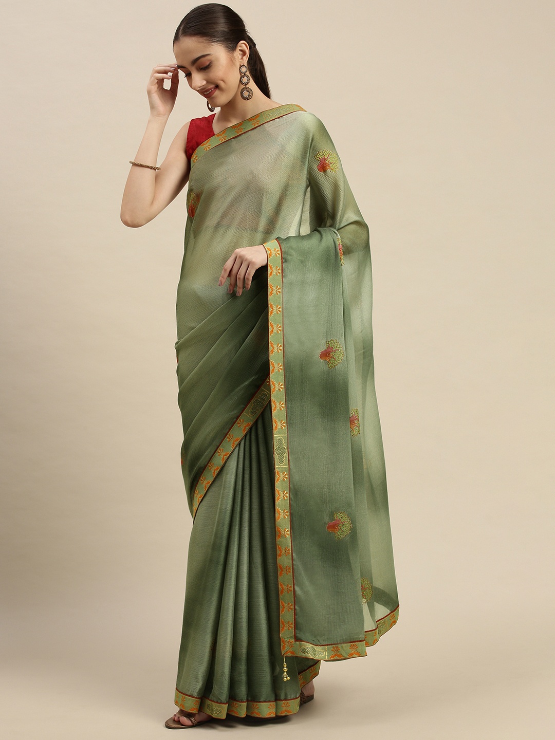 

Triveni Olive Green & Maroon Floral Printed Saree