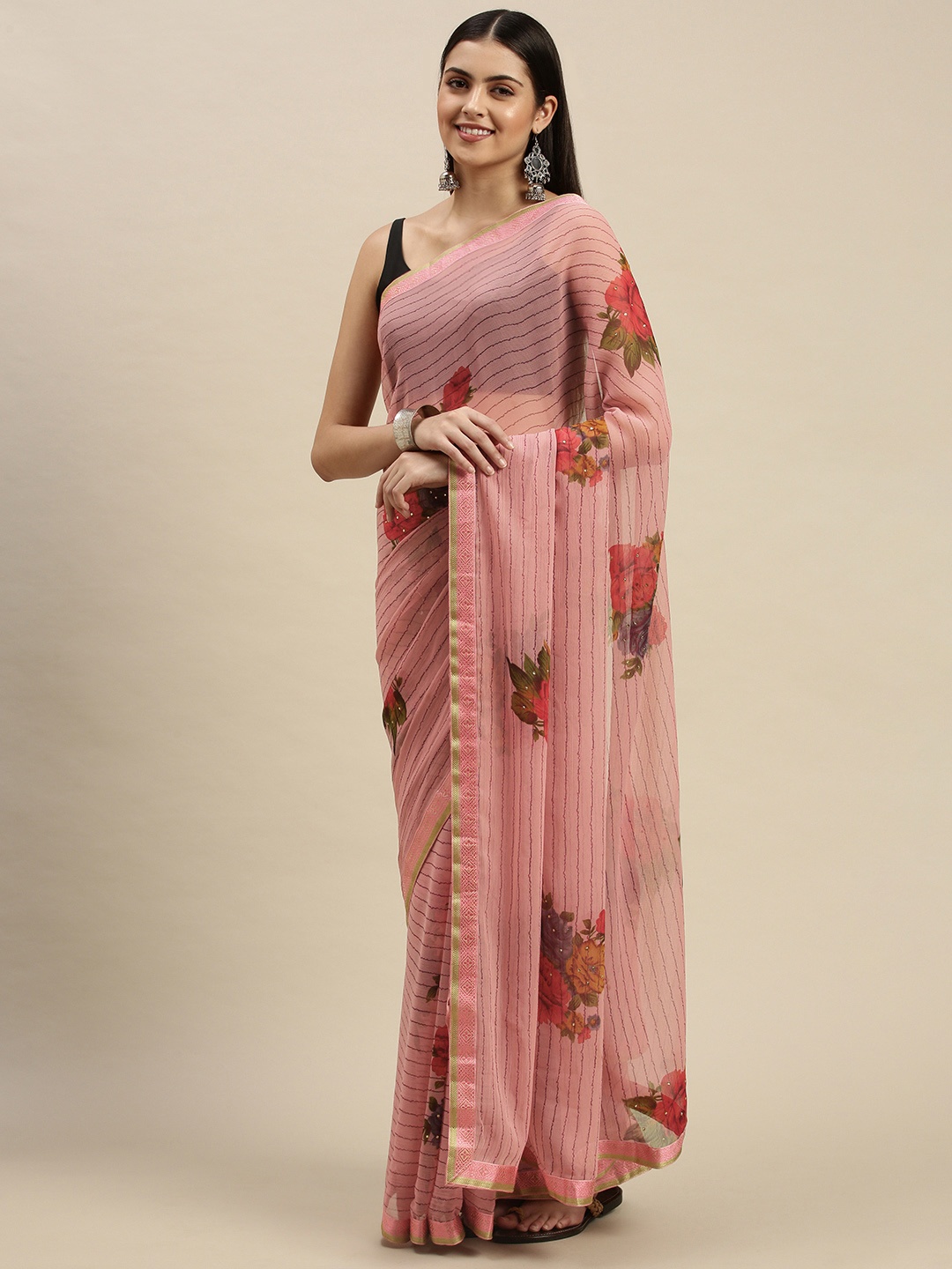 

Triveni Dusty Pink & Red Floral Print Silk Blend Chanderi Saree, Rose