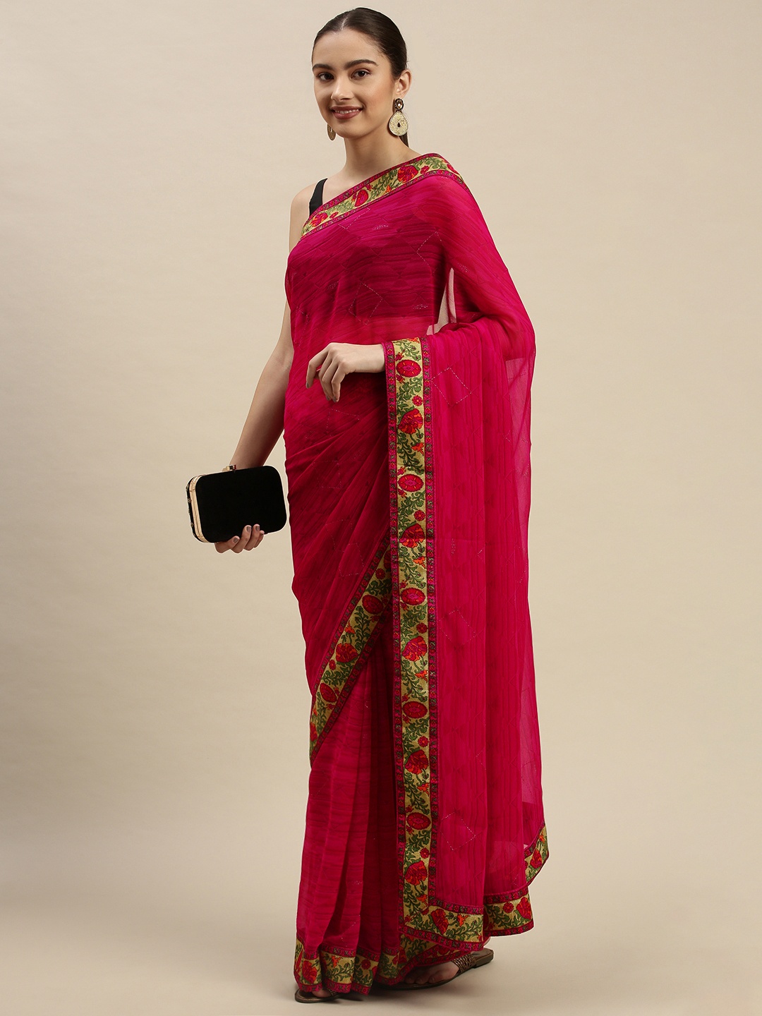 

Triveni Geometric Embellished Zari Pure Georgette Saree, Magenta