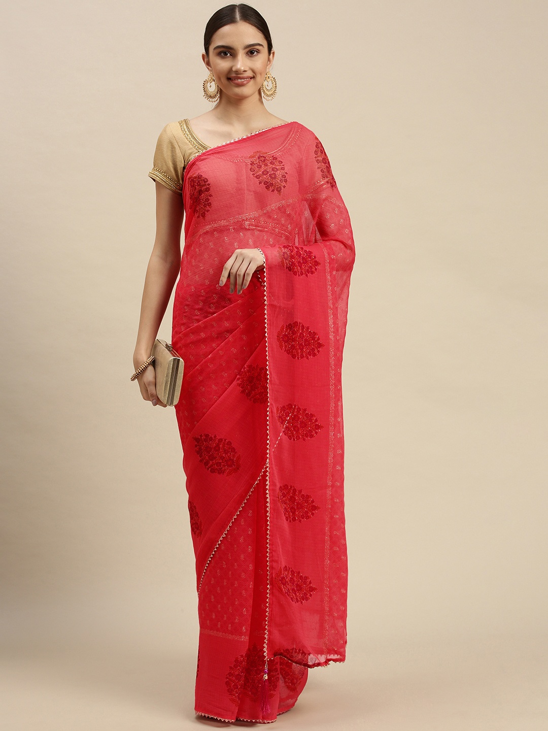 

Triveni Pink & Purple Stone Embellished Zari Pure Chiffon Saree