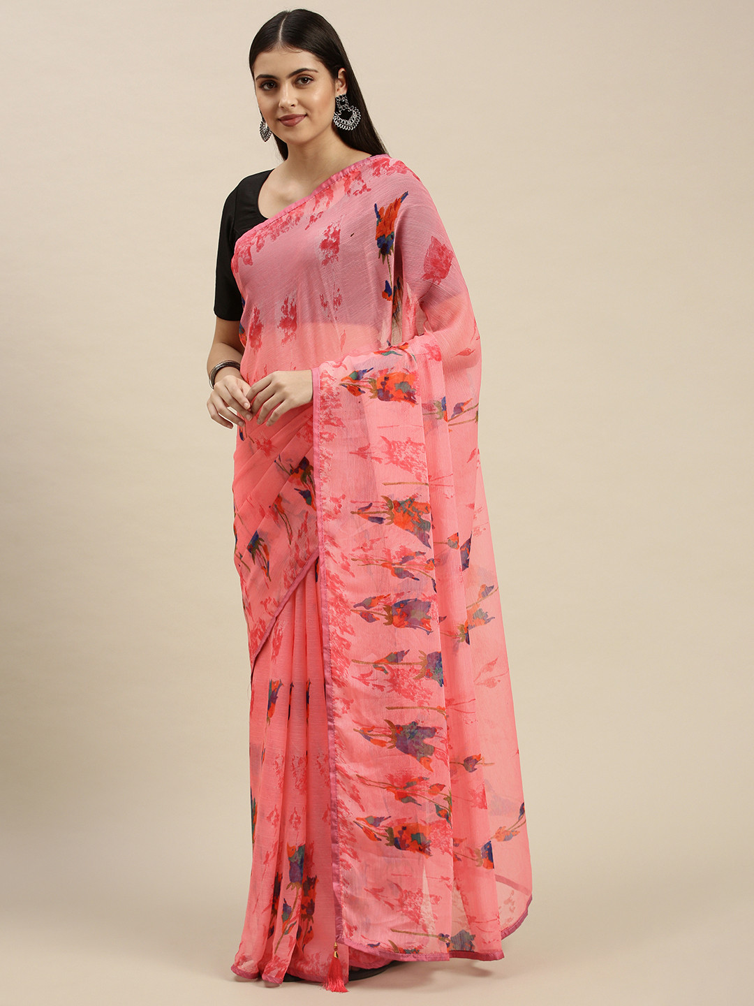 

Triveni Pink Floral Pure Chiffon Saree