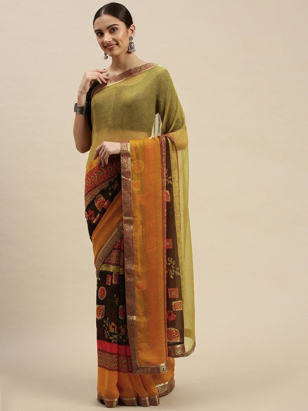 

Triveni Green & Maroon Ethnic Motifs Pure Chiffon Saree