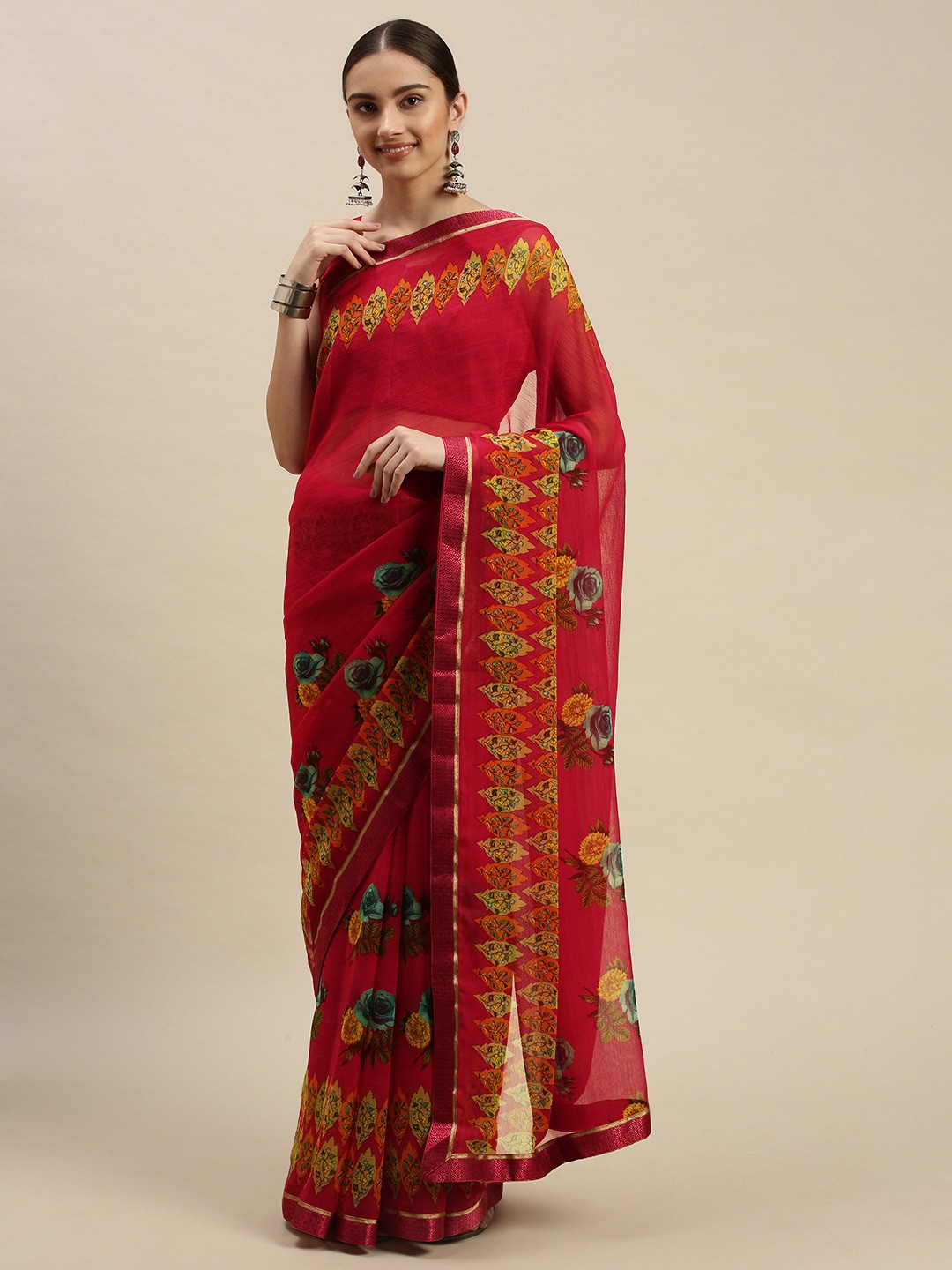 

Triveni Magenta & Green Floral Pure Chiffon Saree