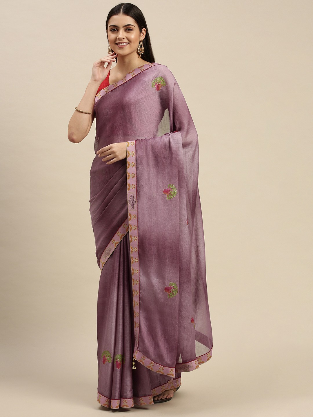 

Triveni Mauve & Green Floral Print Saree