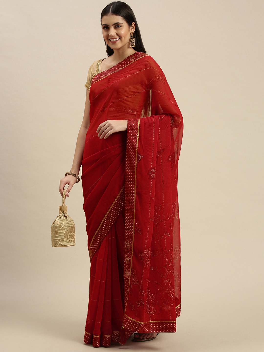 

Triveni Red Floral Print Beads and Stones Embellished Pure Georgette Saree