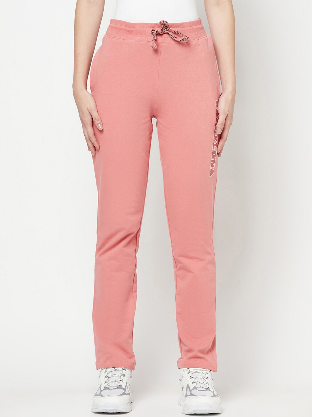 

Cantabil Women Coral-Coloured Solid Cotton Track Pants