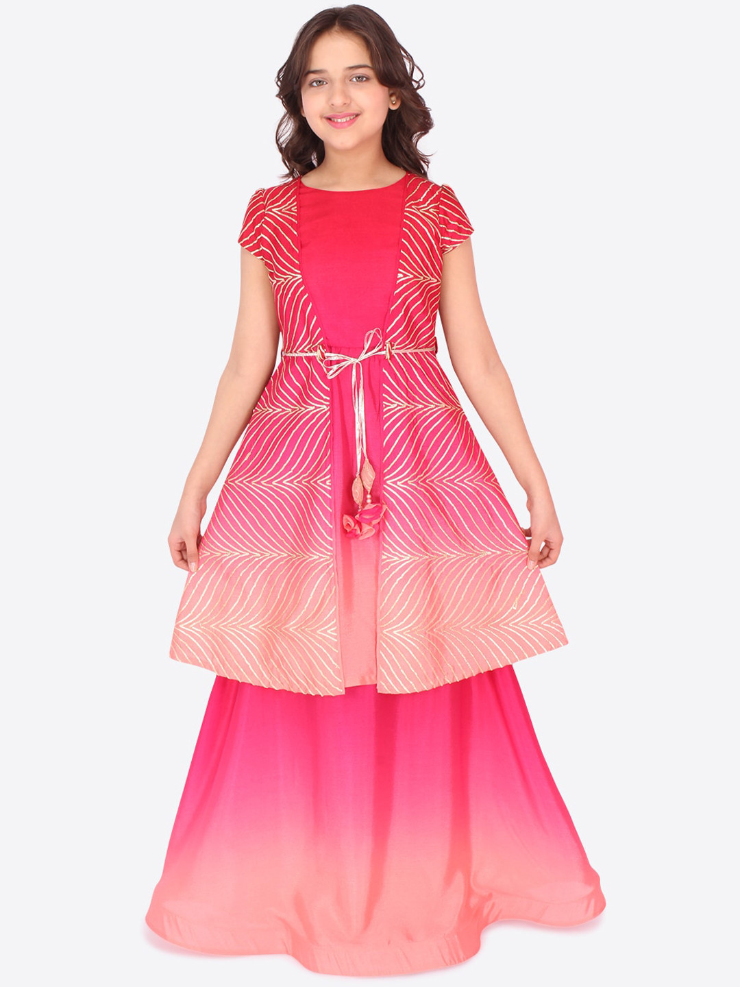 

CUTECUMBER Girls Pink High Slit Gotta Patti Kurta with Skirt