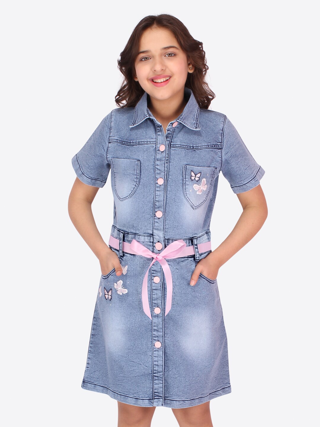 

CUTECUMBER Girls Blue Embroidered Shirt Dress