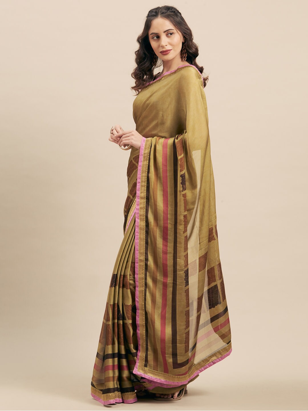 

Shaily Green & Brown Striped Saree