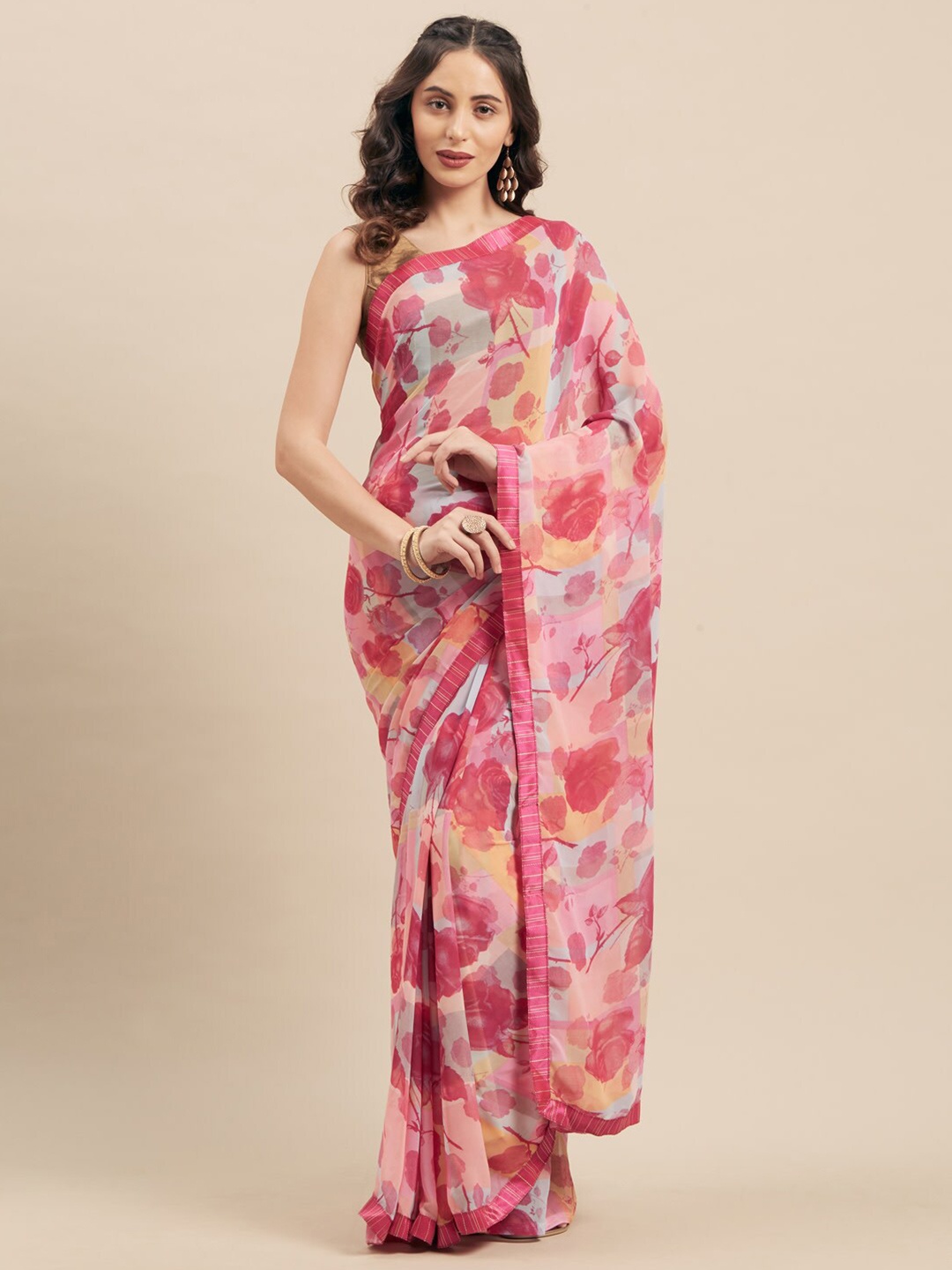 

Shaily Pink & Blue Floral Printed Saree