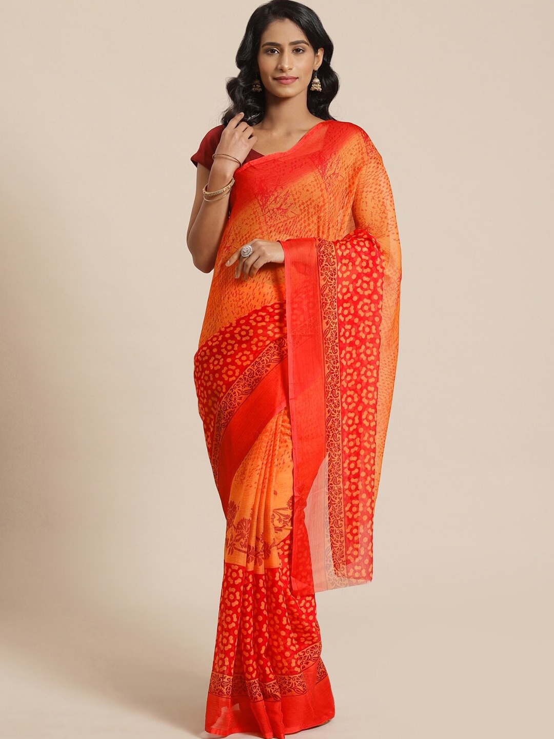 

Shaily Orange & Red Floral Printed Saree
