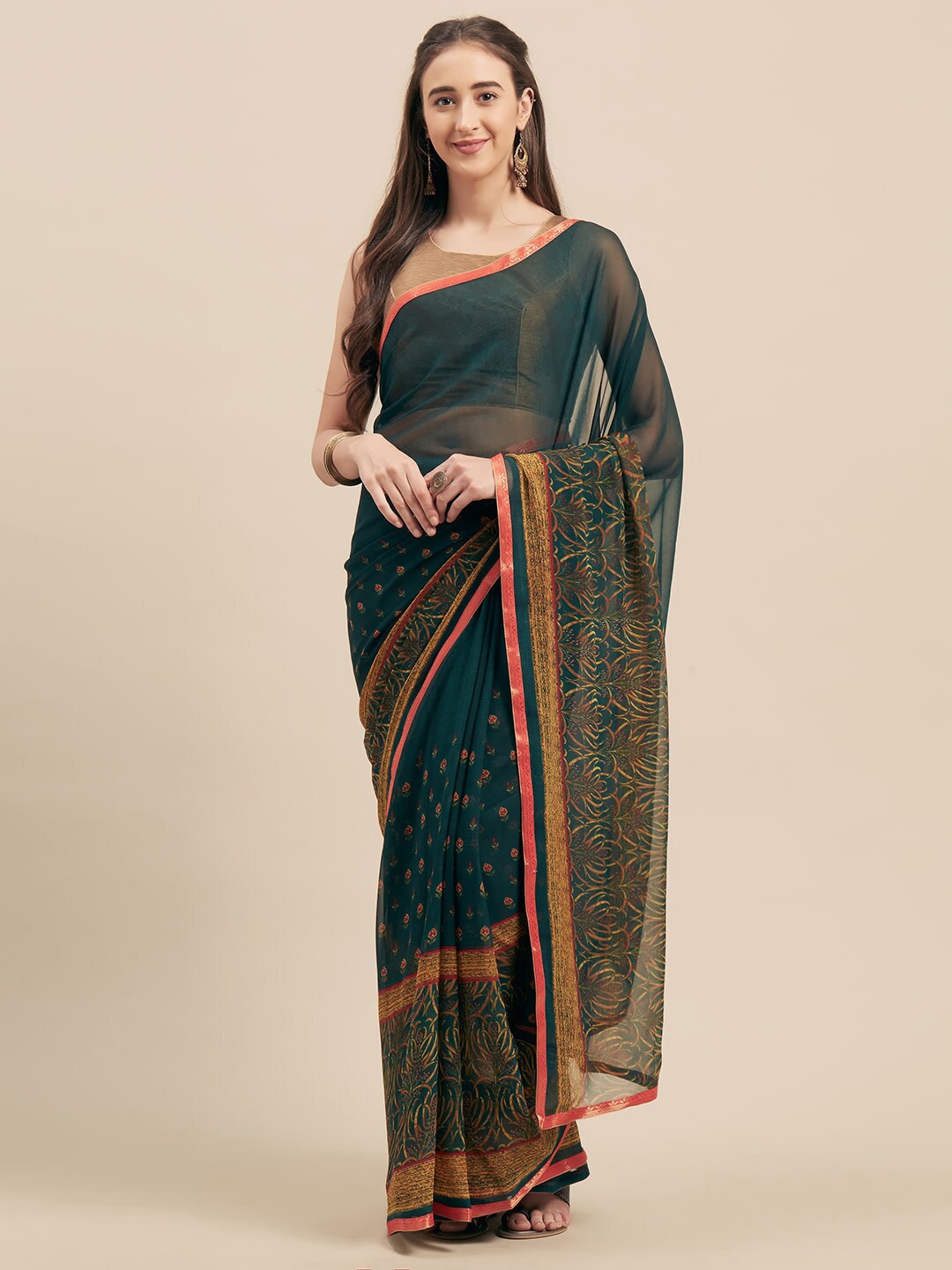

Shaily Green & Red Floral Printed Printed Poly Georgette Saree