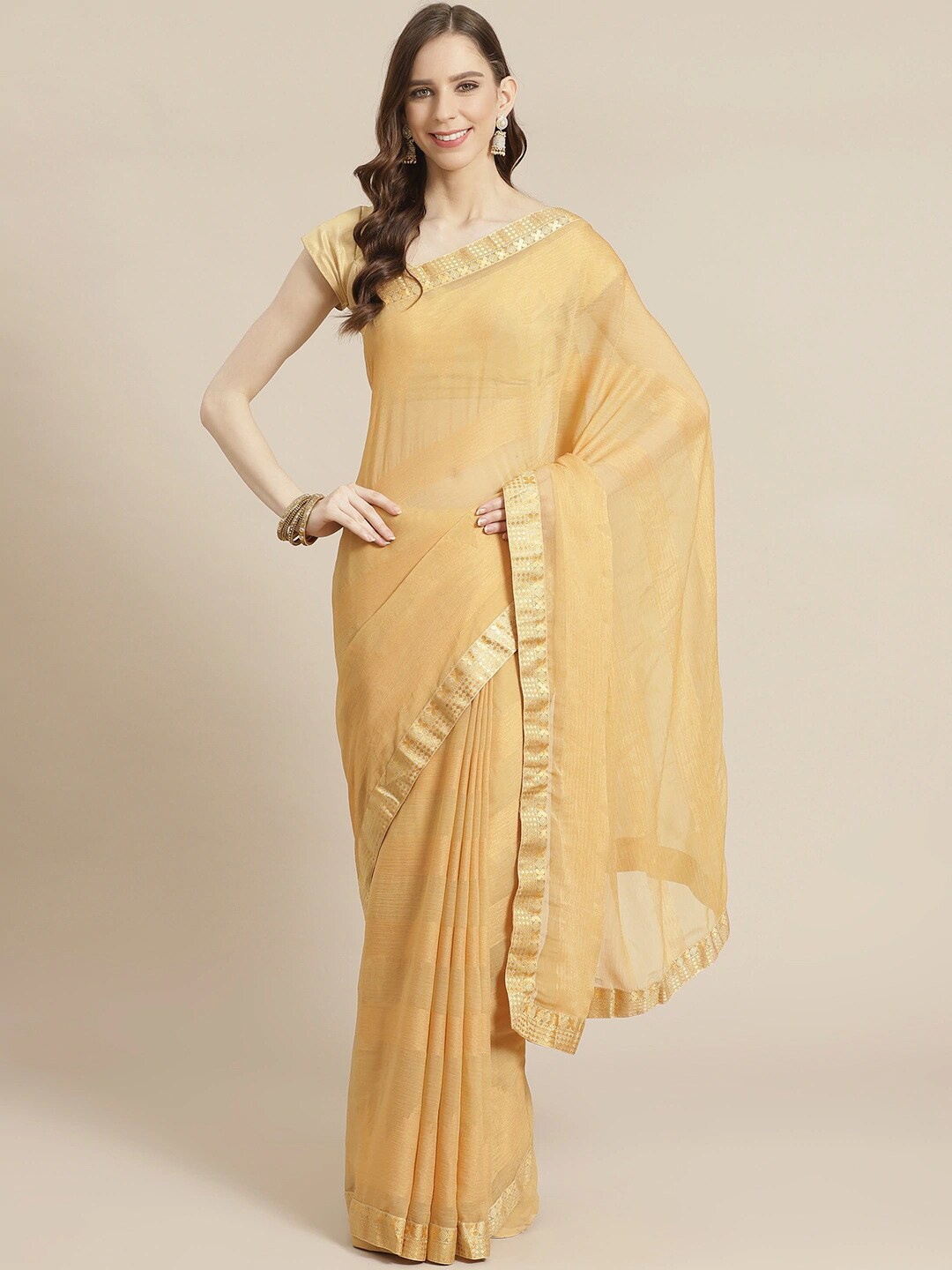 

Shaily Beige Striped Sequinned Brasso Saree