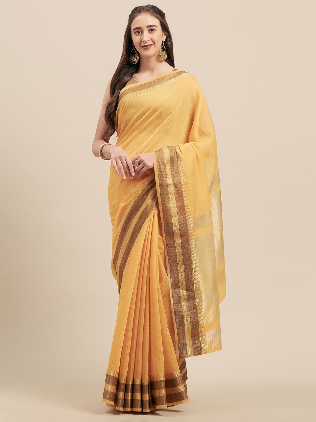 

Shaily Mustard & Brown Checked Silk Cotton Saree