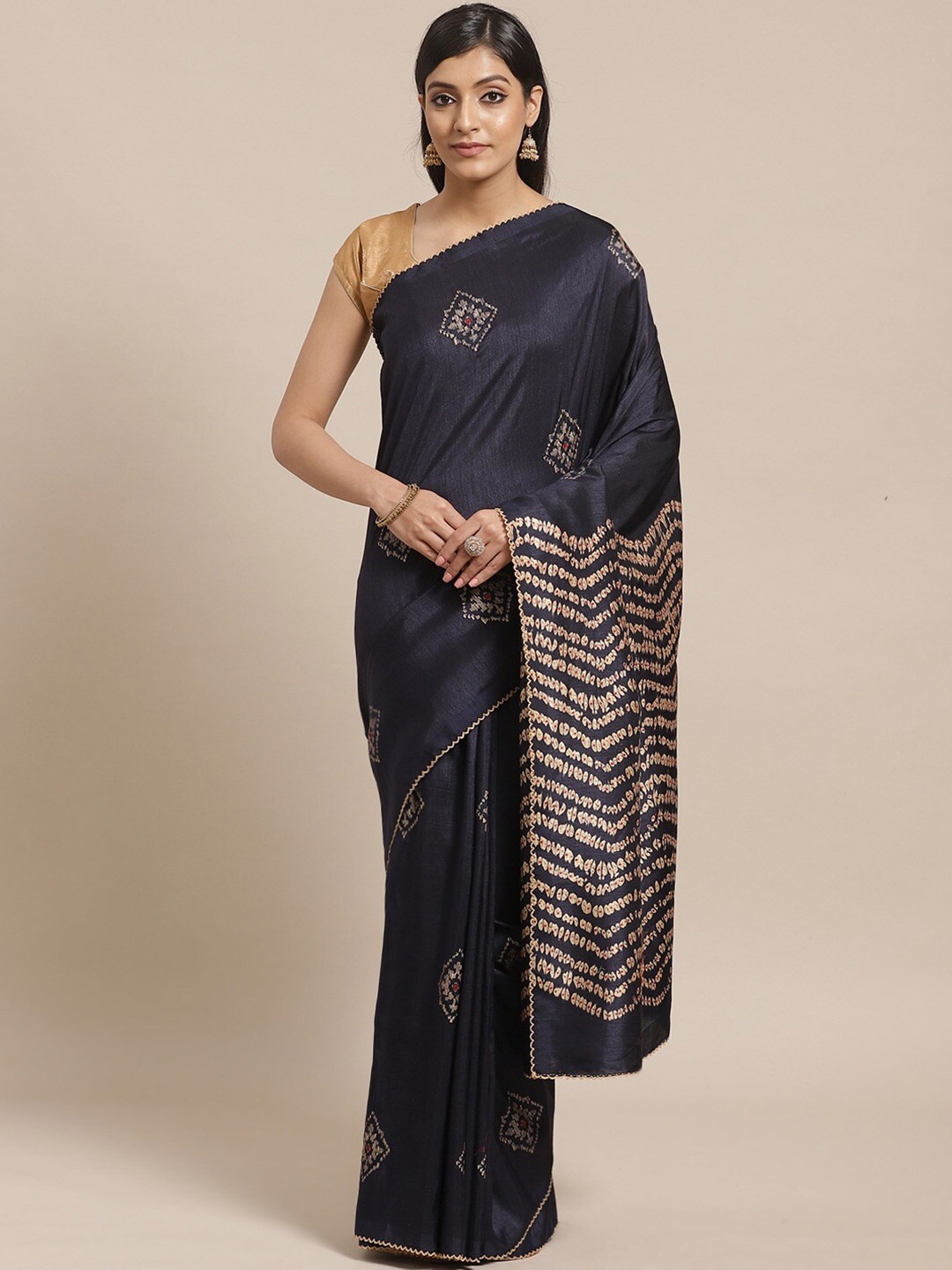 

Shaily Navy Blue & Gold-Toned Printed Art Silk Saree