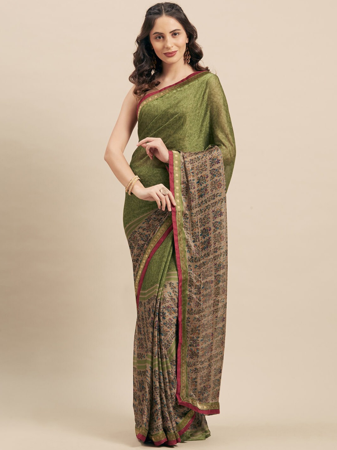 

Shaily Olive Green Floral Printed Sequinned Saree