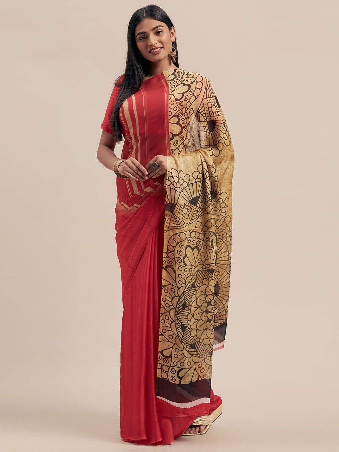 

Shaily Red & Beige Ethnic Motifs Printed Poly Georgette Saree