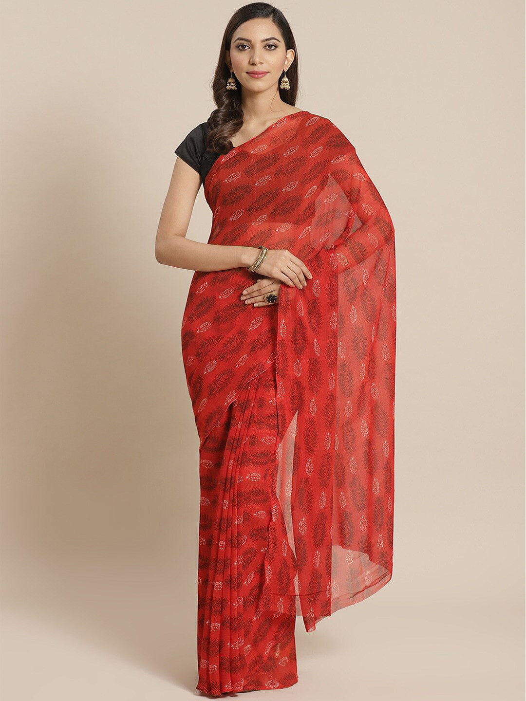 

Shaily Red & White Ethnic Motifs Printed Saree