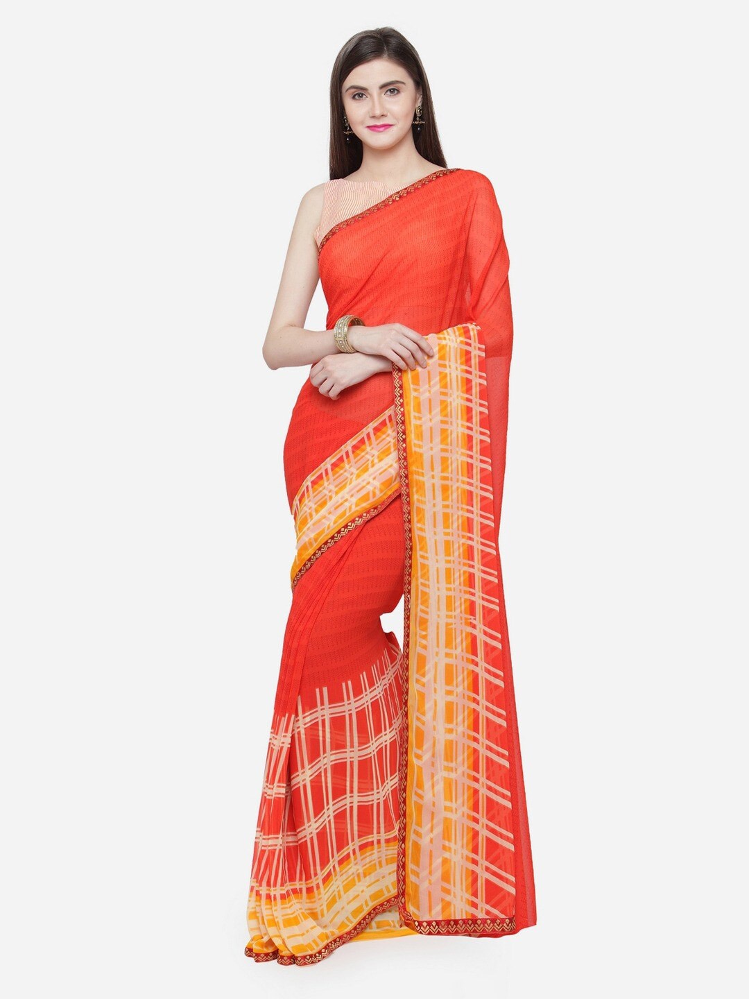 

Shaily Orange & Yellow Printed Georgette Saree