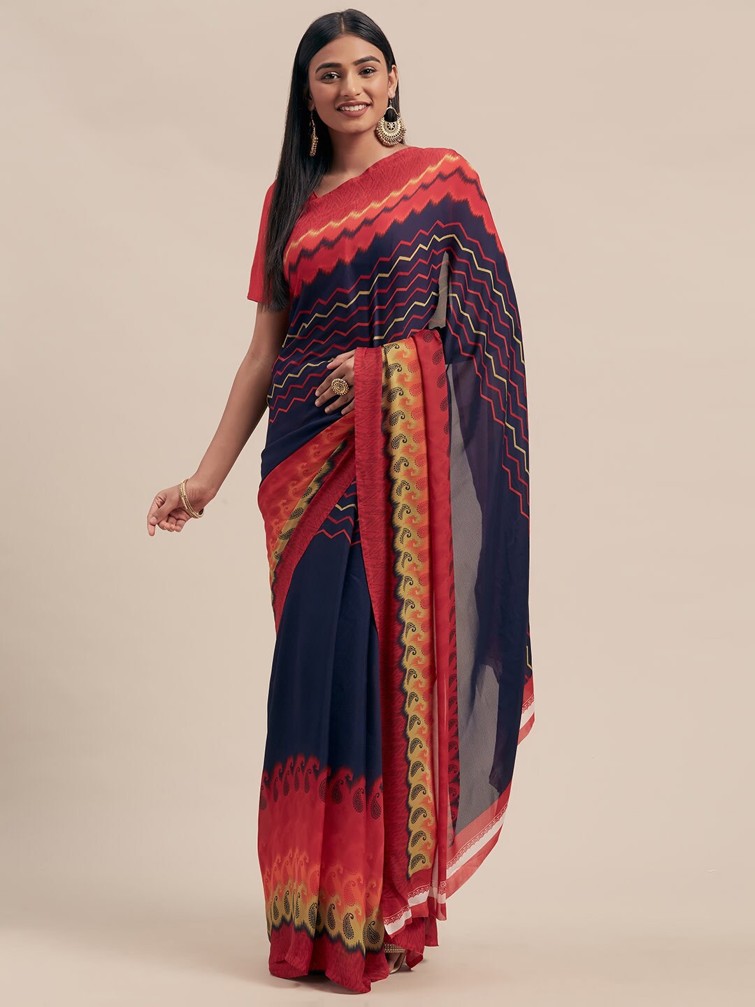 

Shaily Navy Blue & Red Printed Poly Georgette Saree