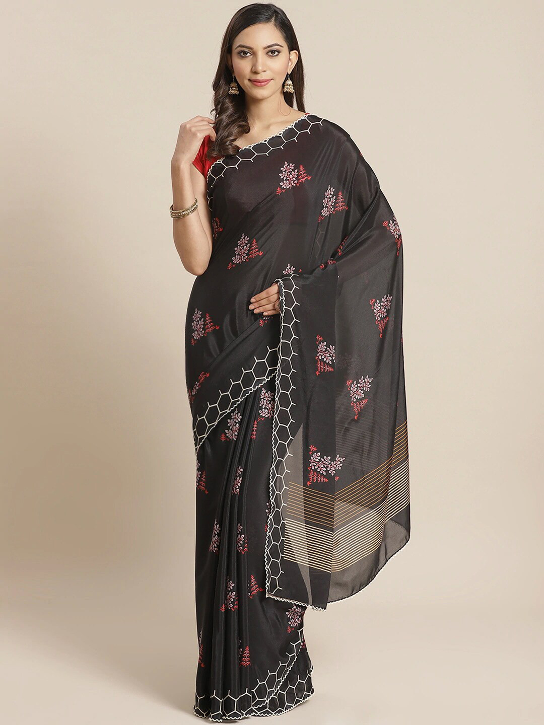 

Shaily Black & White Floral Satin Saree