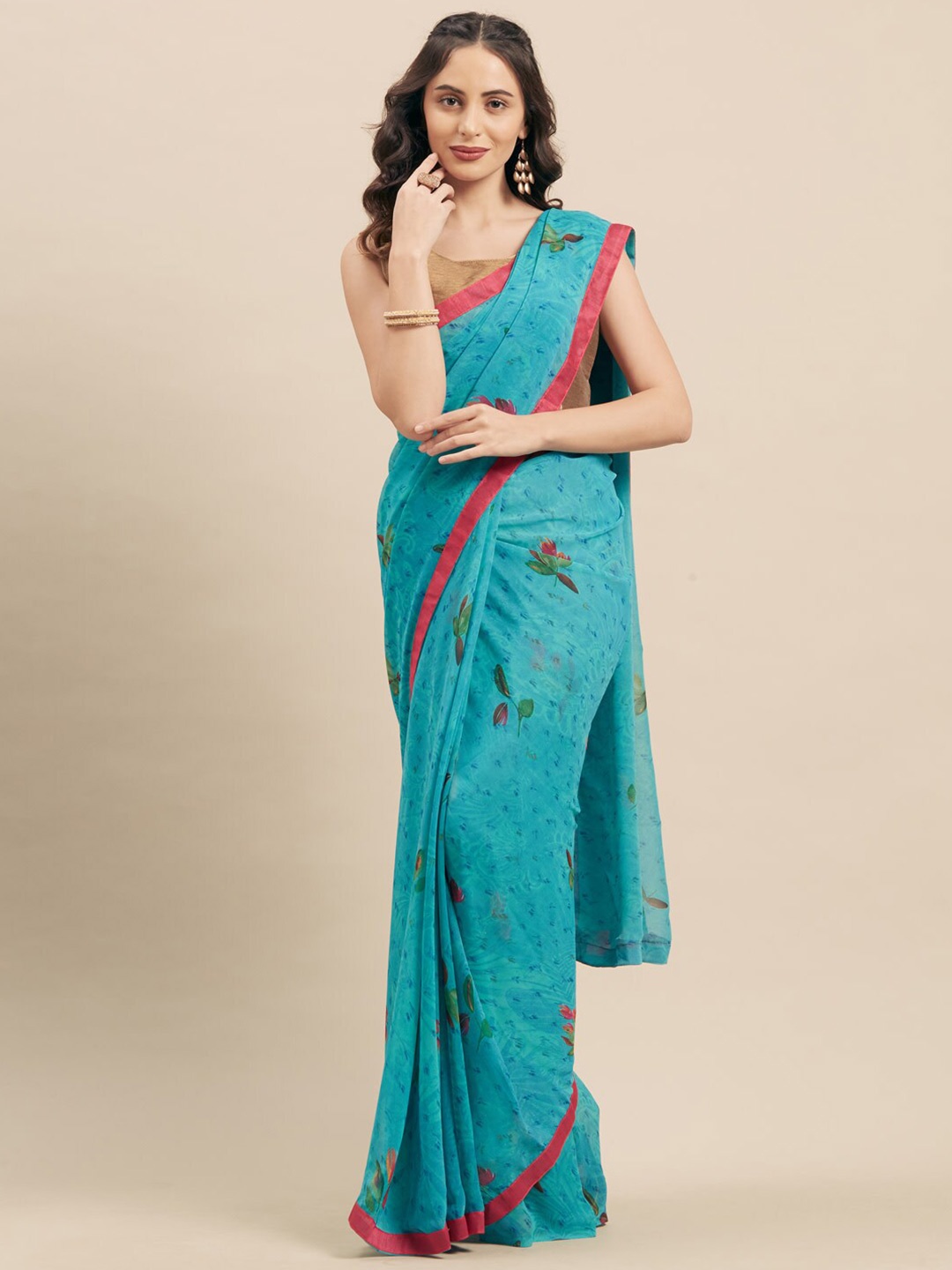 

Shaily Sea Green & Pink Floral Poly Georgette Saree