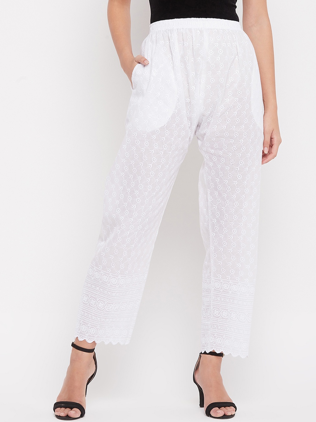 

Clora Creation Women White Smart Easy Wash Embroided Trousers