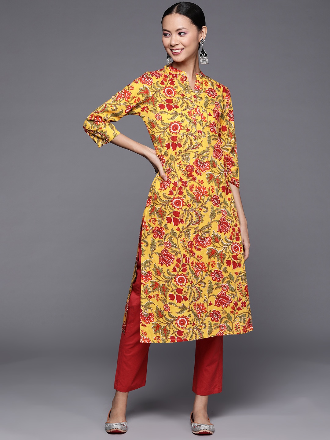 

Varanga Women Mustard Yellow & Maroon Ethnic Motifs Printed Pure Cotton Kurta