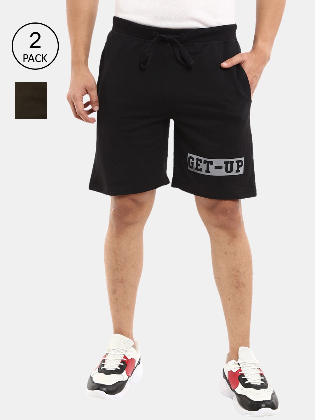 

V-Mart Men Solid Black and Olive Pack of 2 Regular Shorts