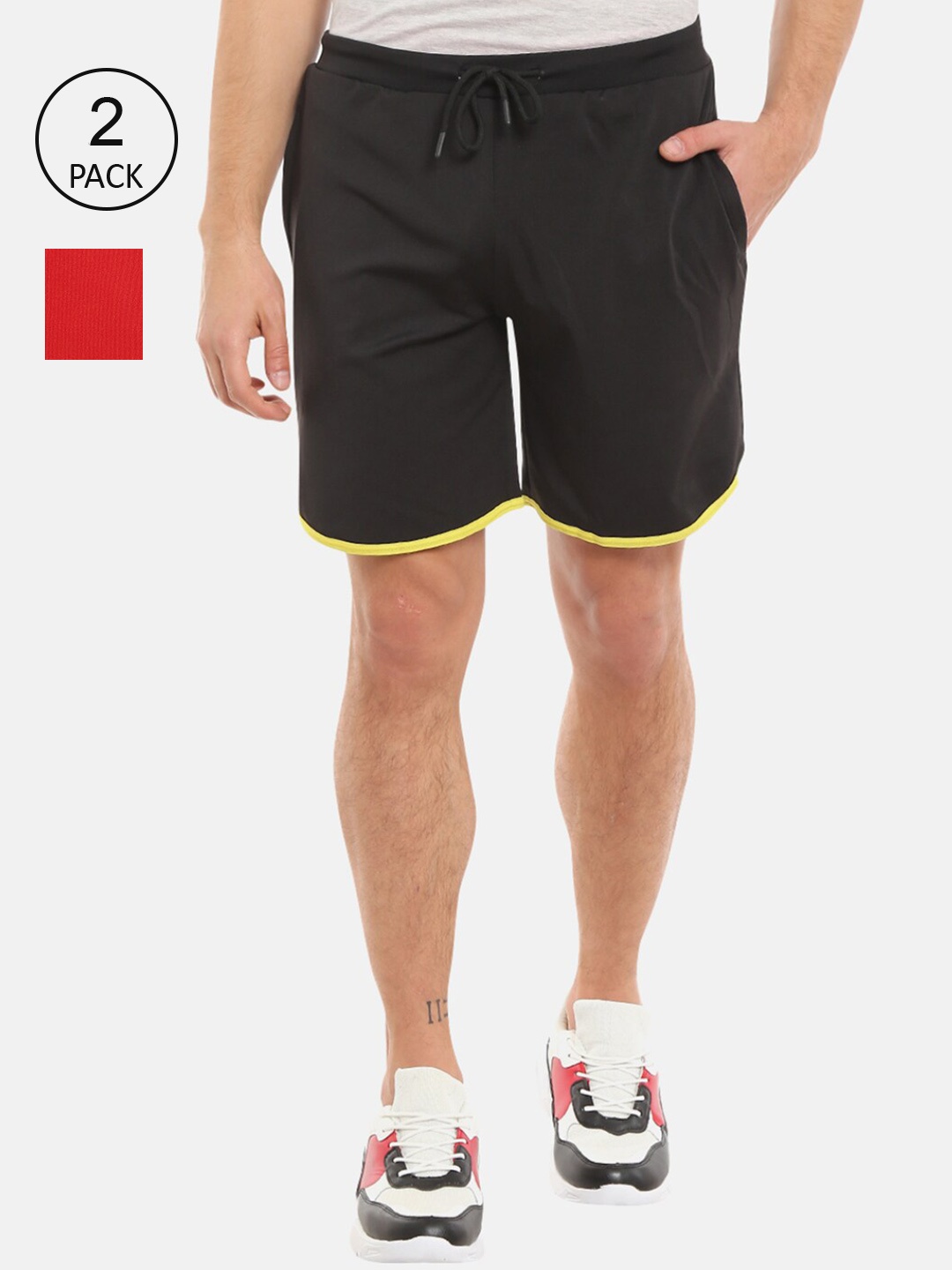 V-Mart Men Black & Red Solid Pack Of 2 Sports Shorts