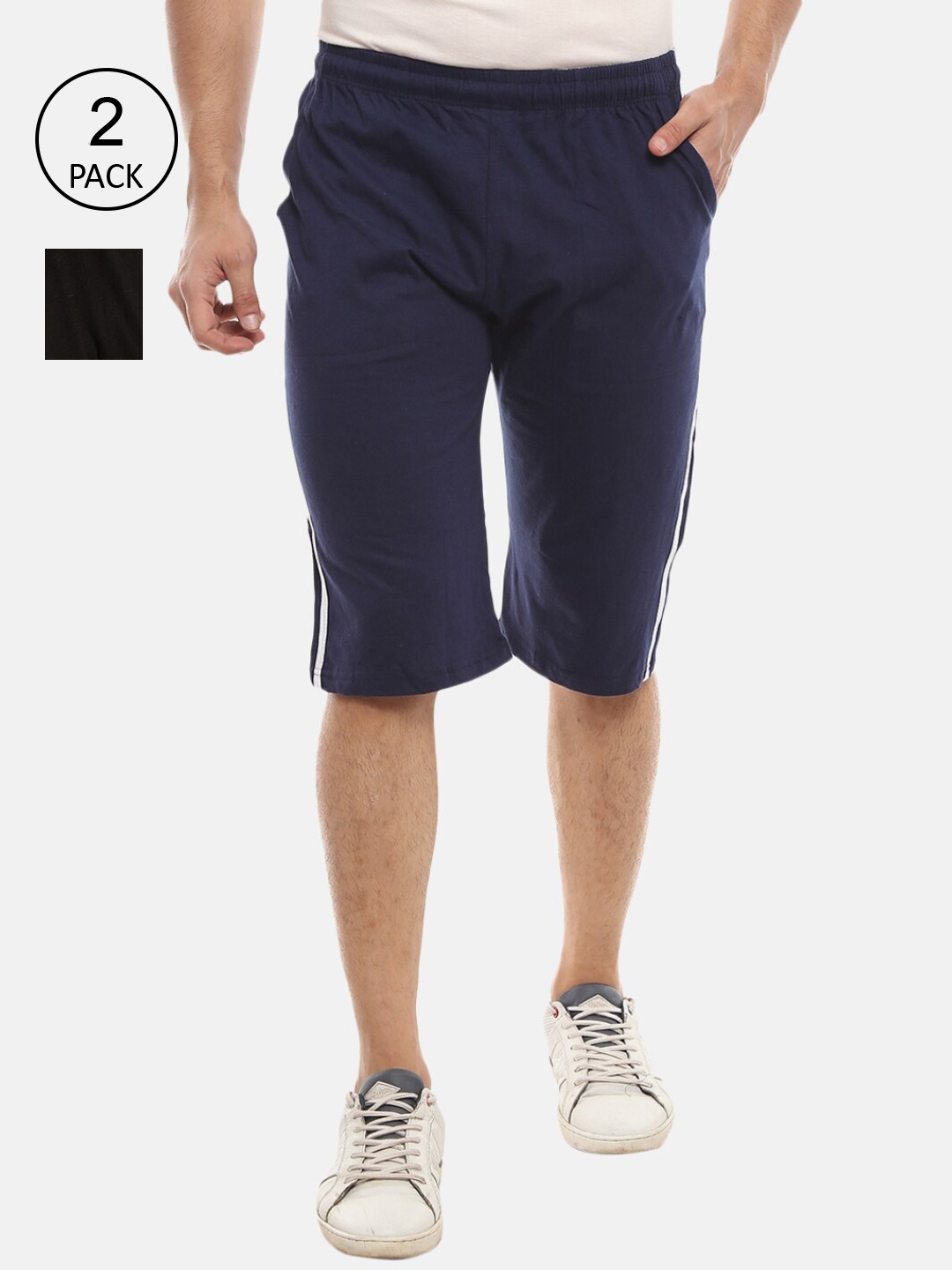 V-Mart Men Black And Navy Solid Mid-rise Sports Shorts