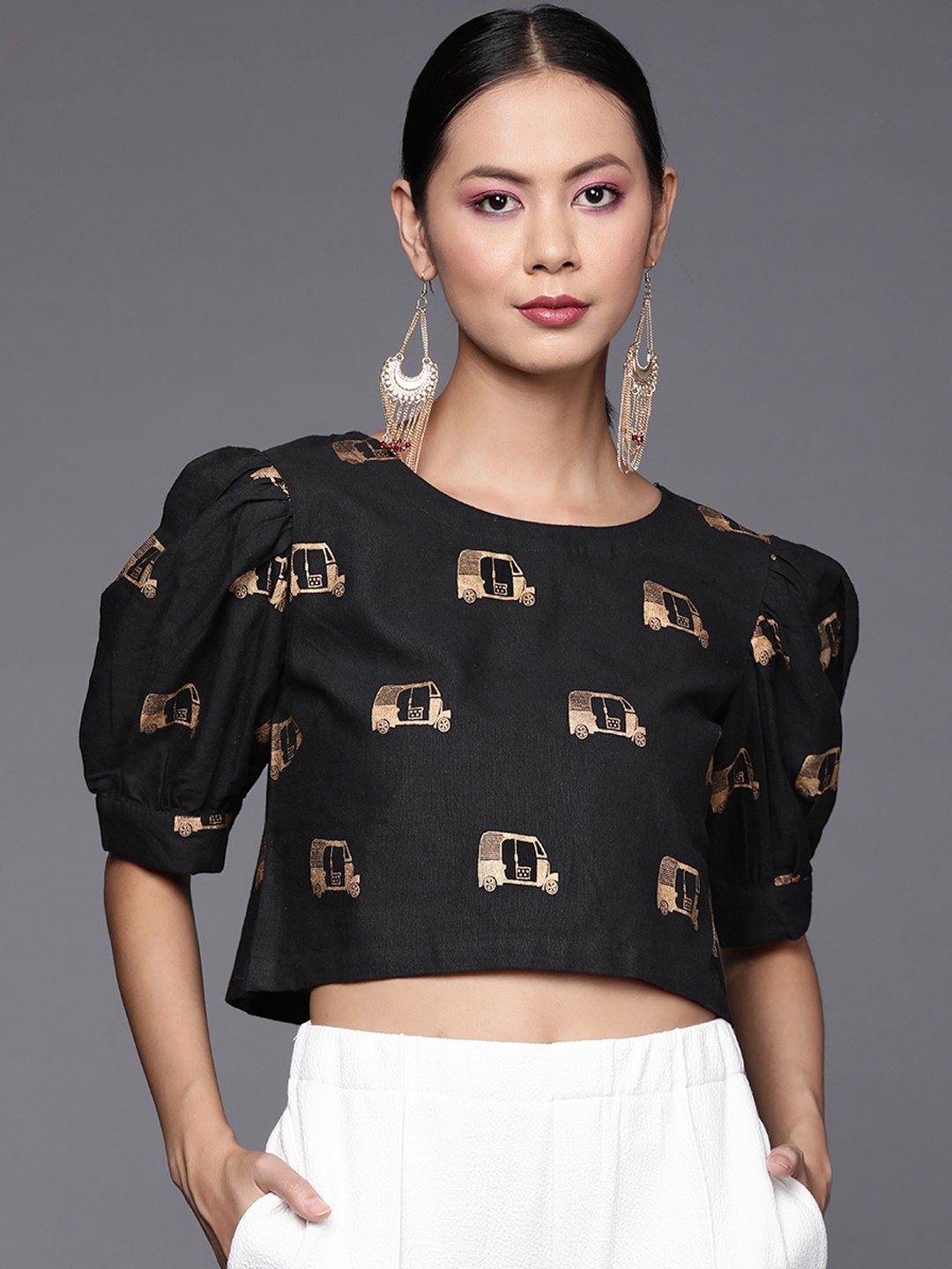 

Varanga Women Black & Golden Printed Crop Top