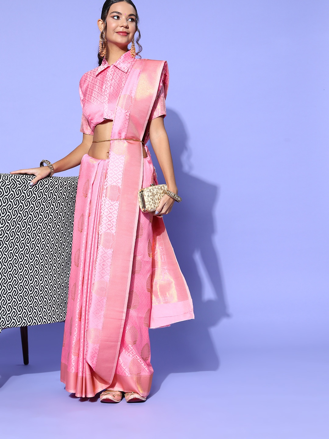 

Saree mall Ethnic Motifs Saree with Woven Design border, Pink