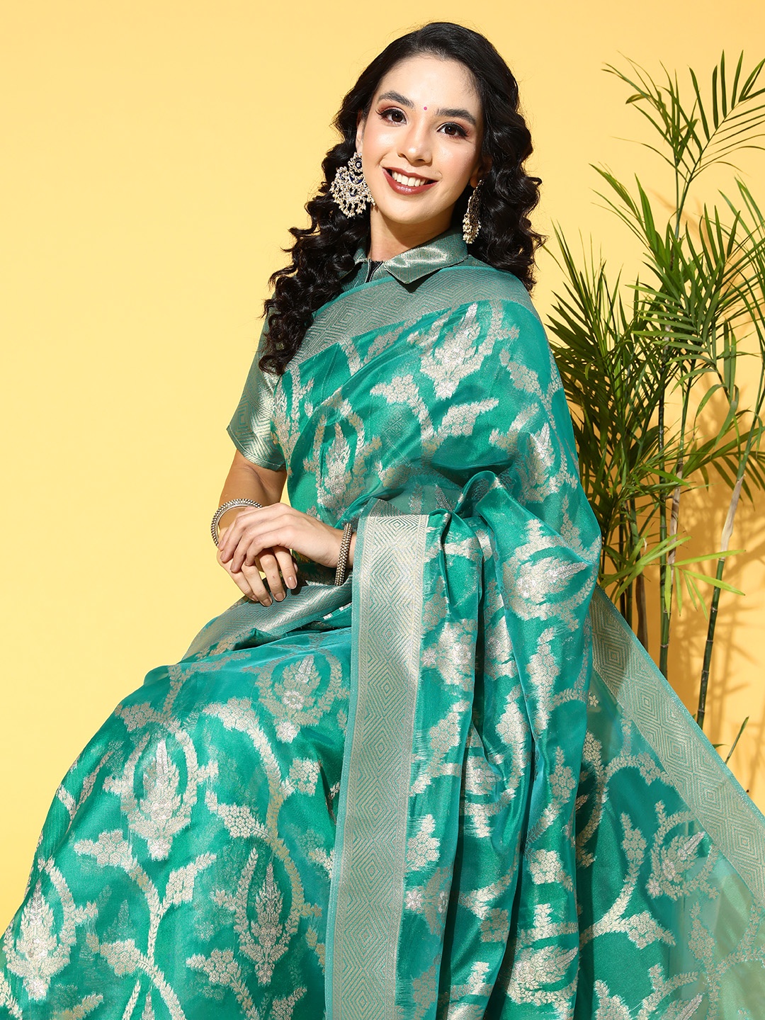 

Saree mall Teal Ethnic Motifs Zari Organza Banarasi Sarees