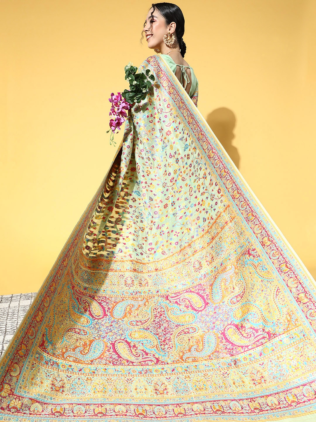 

Saree mall Green Floral Silk Blend Banarasi Sarees