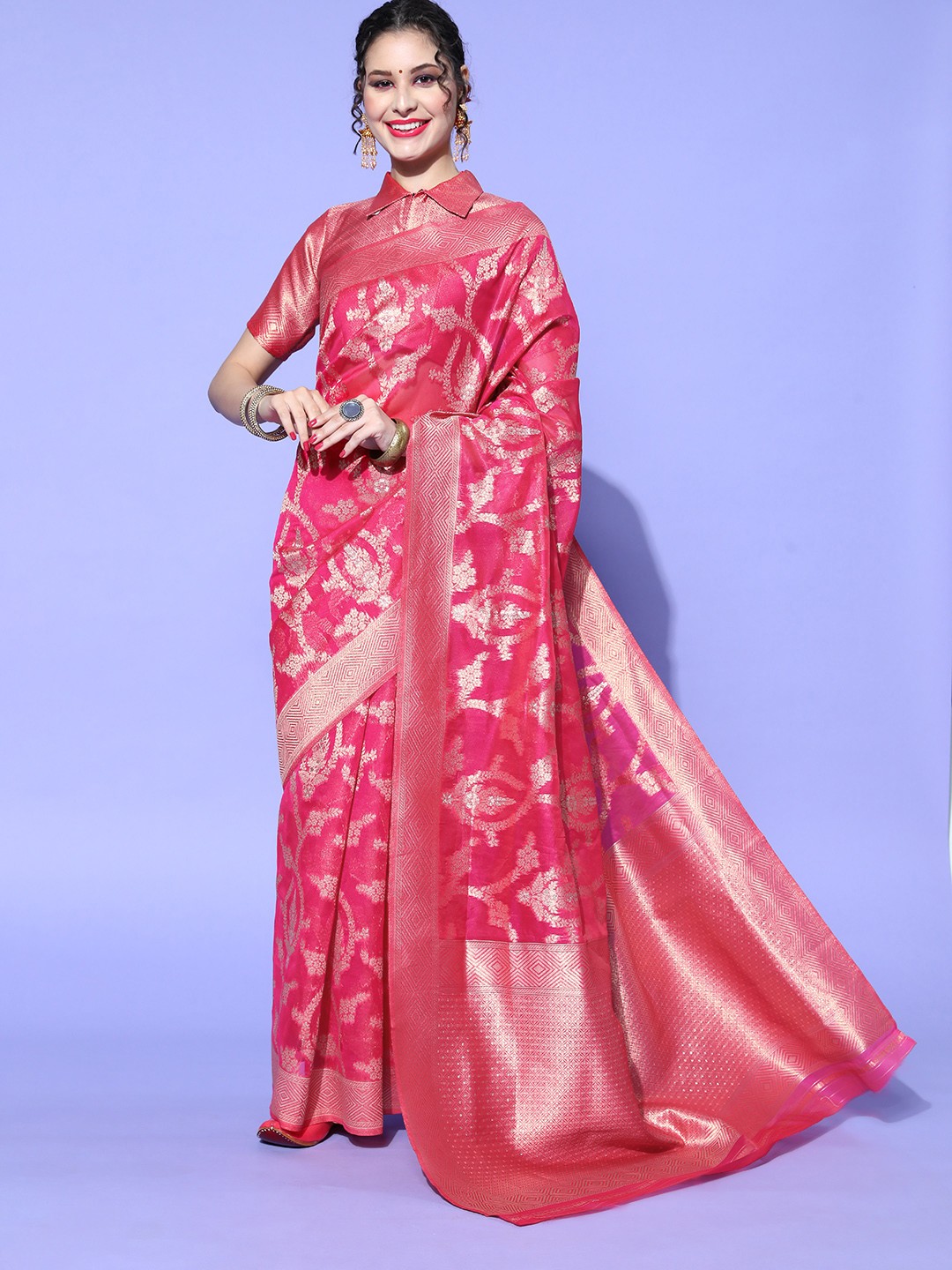 

Saree mall Ethnic Motifs Saree with Woven Design border, Pink