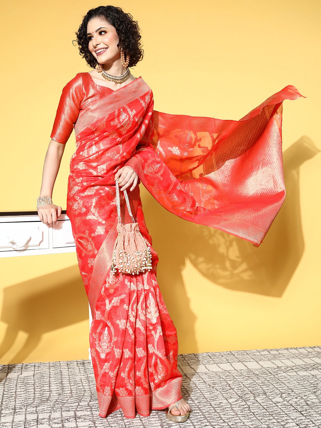 

Saree mall Ethnic Motifs Saree with Woven Design Border, Red