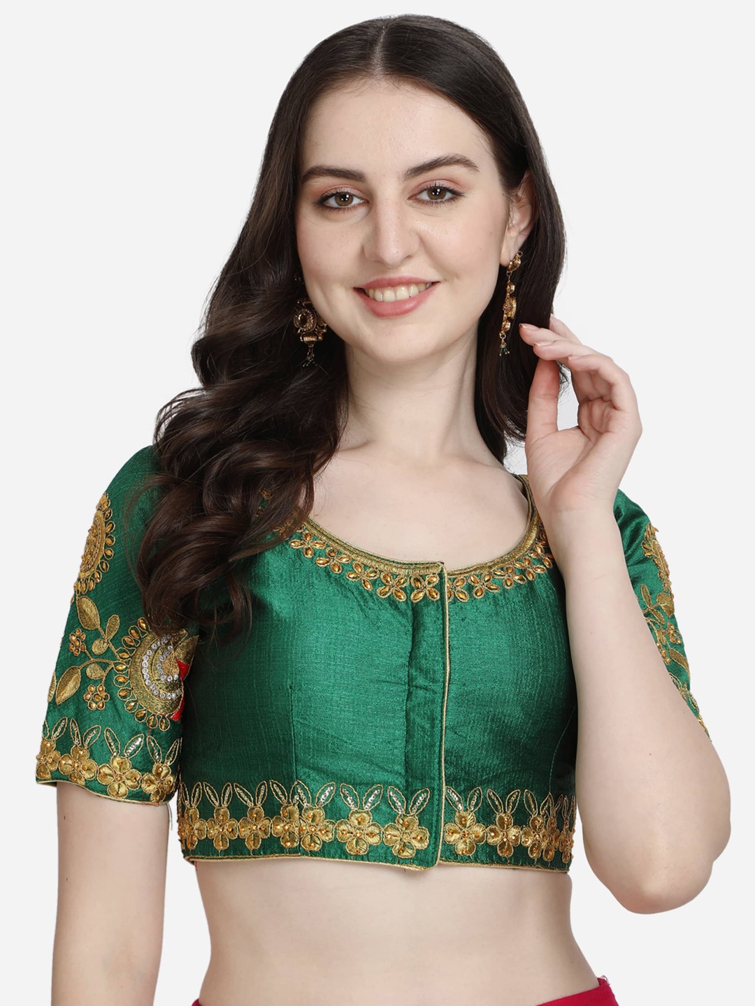

Mesmore Women Green Embroidered Silk Saree Blouse