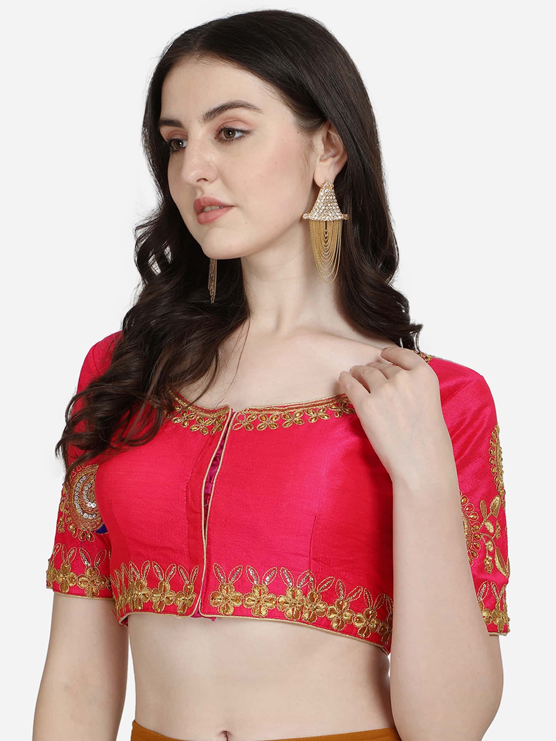 

Mesmore Pink & Gold-Colored Embroidered Silk Saree Blouse