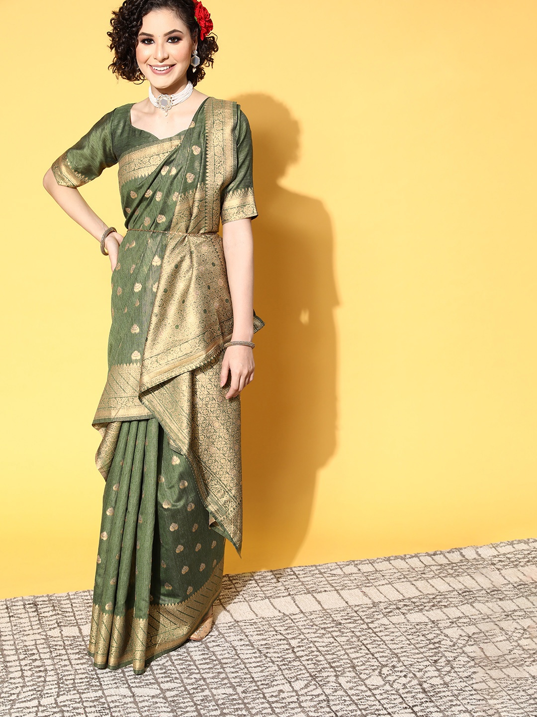

Saree mall Ethnic Motifs Silk Cotton Saree With Woven Design Border, Olive