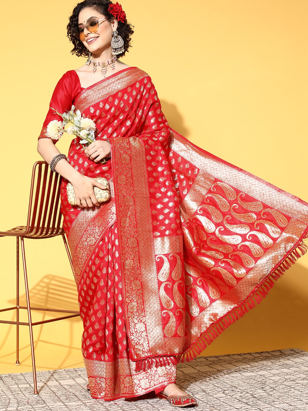 

Saree mall Ethnic Motifs Saree With Woven Design Border, Red